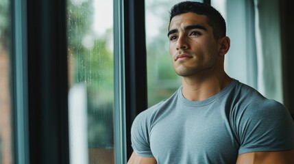 Athletic man in fitness center gazing out of window reflecting on training and motivation during a rainy day