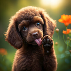 Fototapeta premium Cute Brown Puppy and Orange Flowers