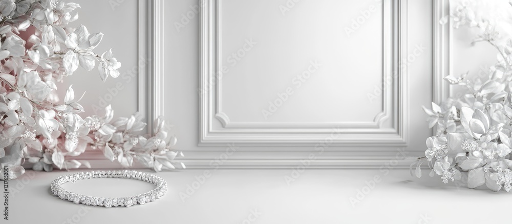 Poster Bridal jewelry display in an elegant white interior with soft lighting and ample empty space for personalized text or messages