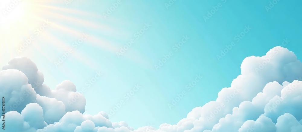 Poster Vibrant Blue Sky with Soft White Clouds and Sunlight Creating Spacious Background for Text and Designs