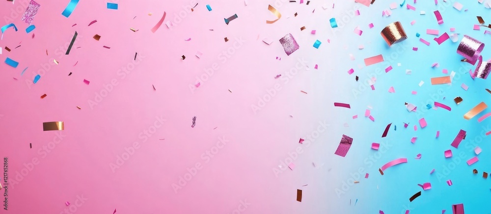 Poster colorful confetti falling on a gradient pink to blue background with ample copy space for text inser