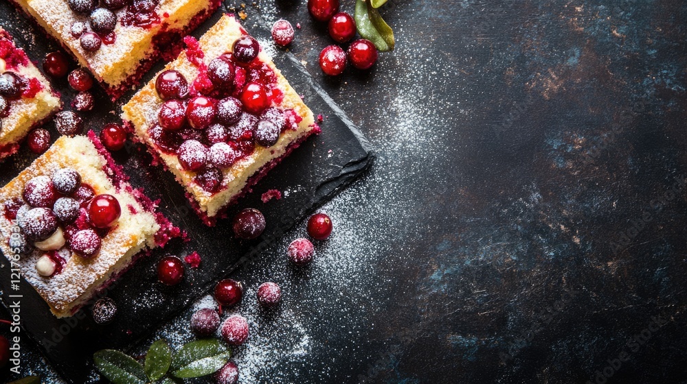Poster colorful dessert squares topped with fresh cranberries and powdered sugar on a dark textured backgro