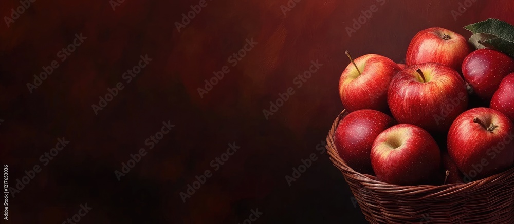 Poster basket of fresh red apples on rustic table with warm background and empty space for text in indoor m