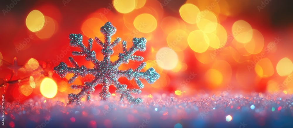 Poster Glittering Snowflake with Bokeh Lights Holiday Background for Winter Scenes Featuring Empty Space for Custom Text