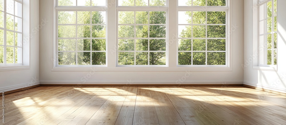 Aufkleber spacious bright bedroom with expansive windows and wooden flooring ideal for text placement and show