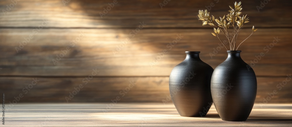 Poster elegant black vases with dried flowers on a wooden surface bathed in warm light creating a serene am