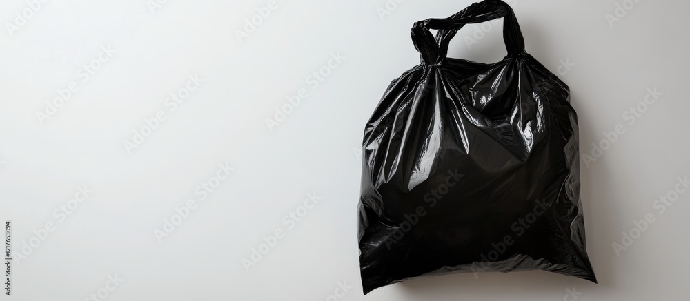 Poster Black Plastic Bag Isolated on White Background with Copy Space for Text and Minimalist Design Elements for Packaging or Shopping Contexts