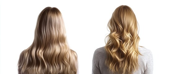 Before and after comparison of long blonde hairstyles showcasing straight and wavy textures on a white background with copyspace for text