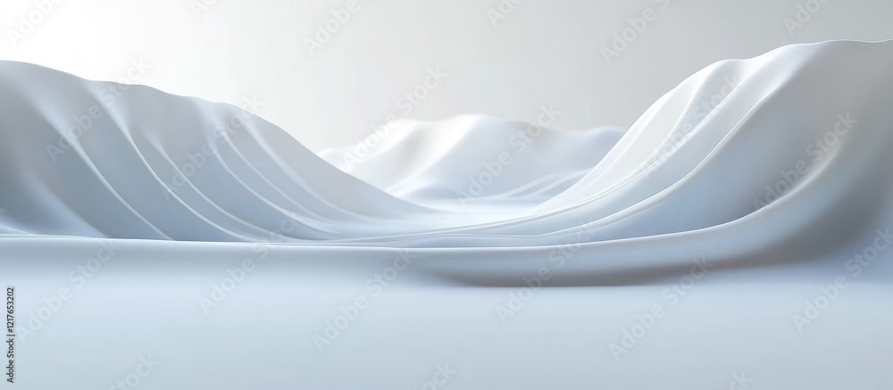 Aufkleber Minimalist white studio backdrop with soft fabric waves creating an elegant space for product display and customizable text placement.