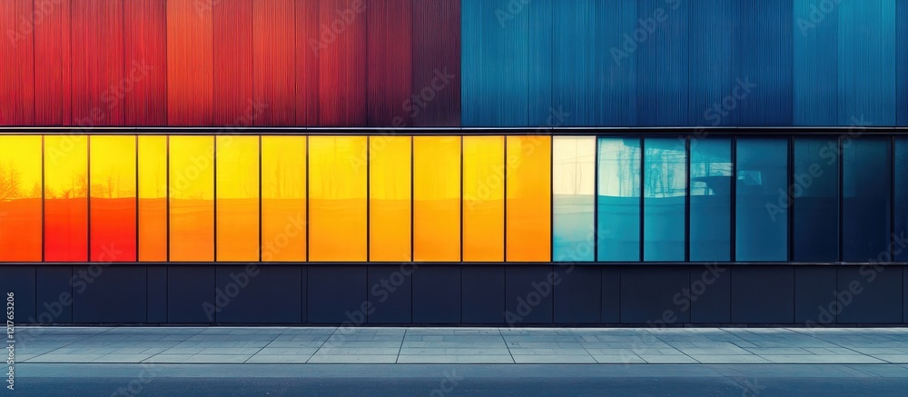 Poster vibrant urban building facade at dawn featuring colorful panels and ample space for text in contempo