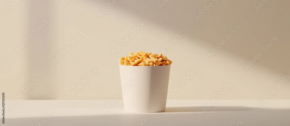 Poster white paper cup filled with popcorn placed on a light background with soft shadows and ample copy sp