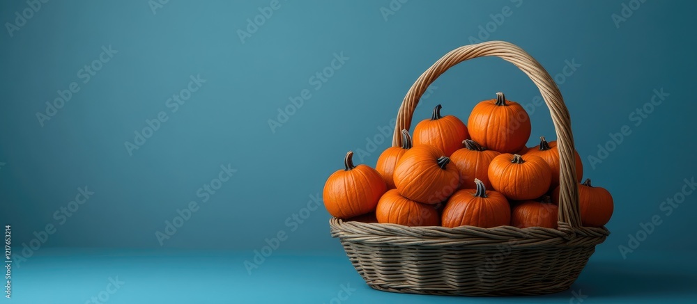 Poster basket of vibrant pumpkins on a blue background creating a festive halloween atmosphere with ample e