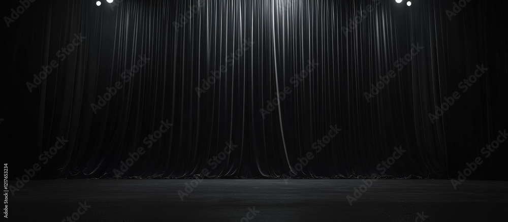 Aufkleber black velvet stage backdrop with dramatic lighting and empty copyspace for creative text and perform