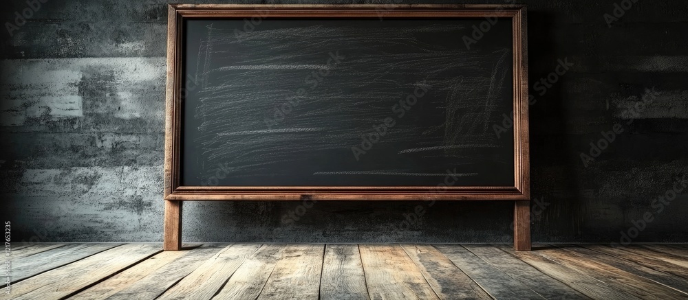 Poster Chalkboard on wooden floor ideal for creative messaging and announcements with ample empty space for personalized text and designs.