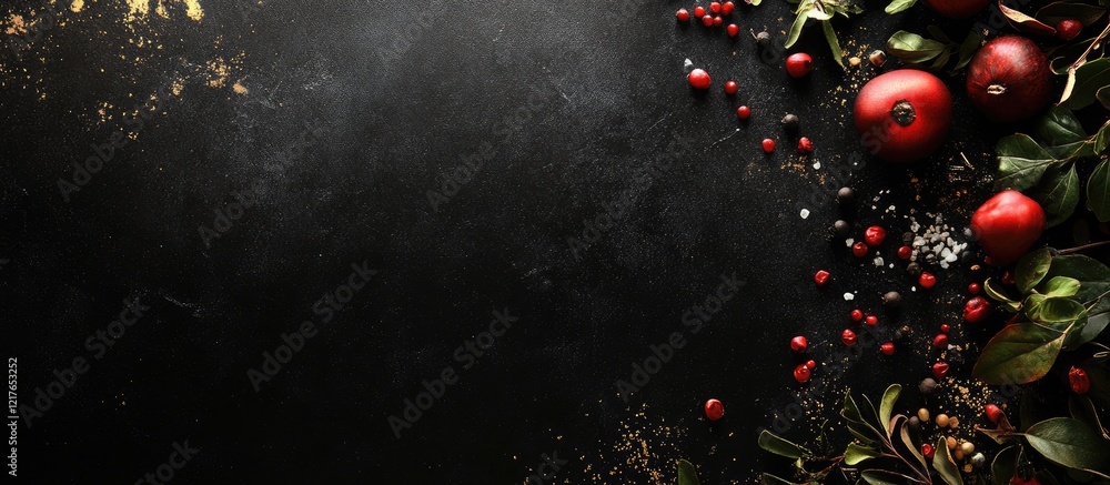 Aufkleber Black Studio Background with Red Apples and Greenery Creating an Elegant Frame for Text or Graphics with Ample Copyspace