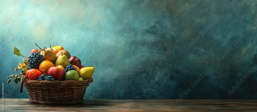 Poster assorted fruits in a rustic basket set against a textured blue background with ample empty space for