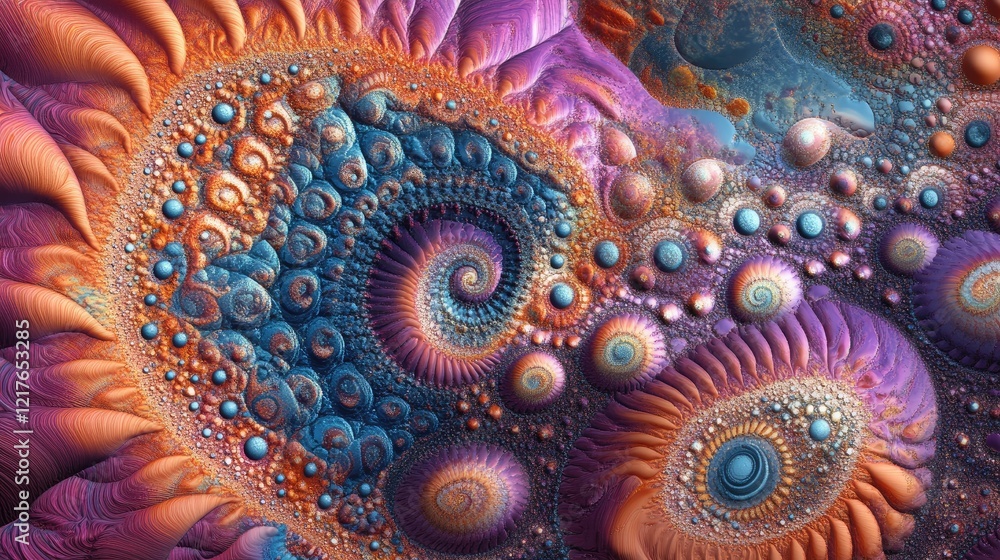 Poster abstract fractal pattern with intricate spirals and vibrant colors, featuring blue and orange spheri