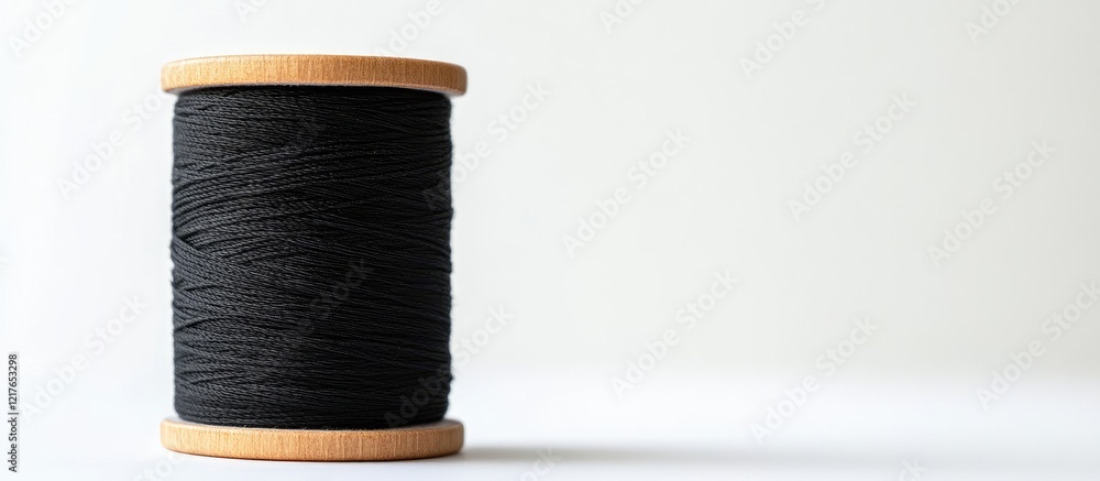 Poster Black Yarn Spool on White Background Isolated With Ample Copyspace for Text and Design Elements in Craft and Sewing Projects