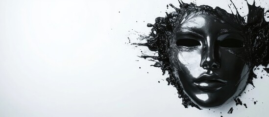 Black silver facial mask with artistic smudge isolated on white background and ample copyspace for beauty or skincare related text