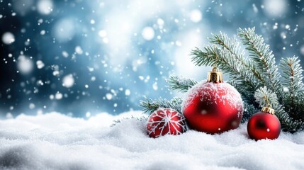 Red Christmas ornaments in snow with evergreen branches and falling snowflakes, soft focus background, Copy Space
