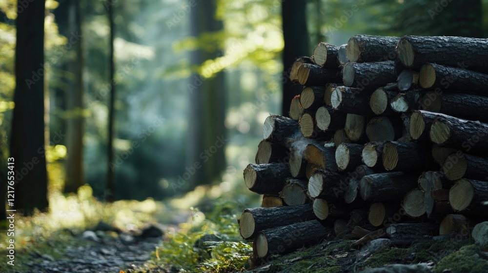 Poster stacked logs in a forest with sunlight filtering through trees and a walking path in a natural setti