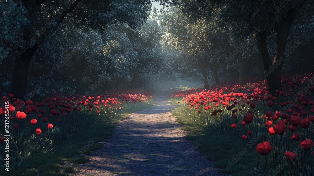 Aufkleber sunlit path through a lush forest filled with vibrant red flowers and soft morning fog creating a tr