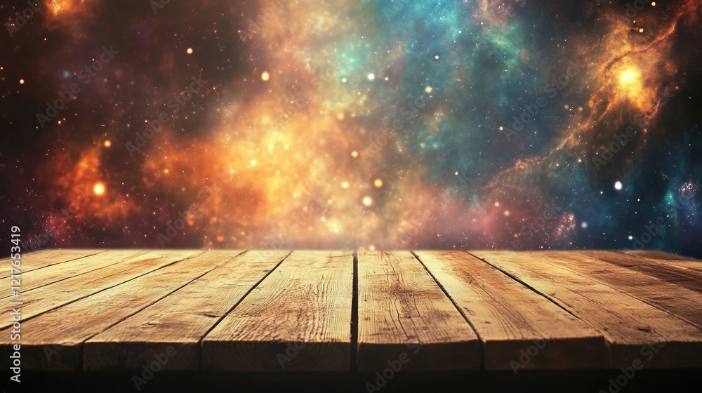 Aufkleber wooden table surface with cosmic space background featuring stars and nebulae ideal for text placeme