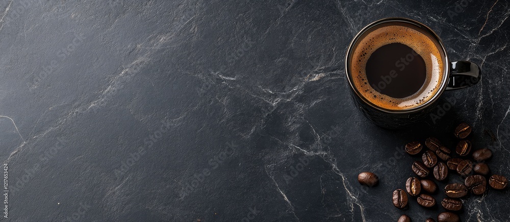 Poster Brewed black coffee in a stylish mug on a dark marble table with coffee beans and ample space for creative text or design elements