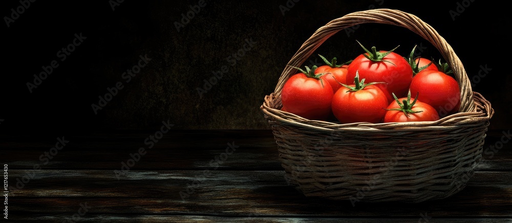 Poster basket of fresh ripe red tomatoes on a rustic wooden table with dark background and ample empty spac