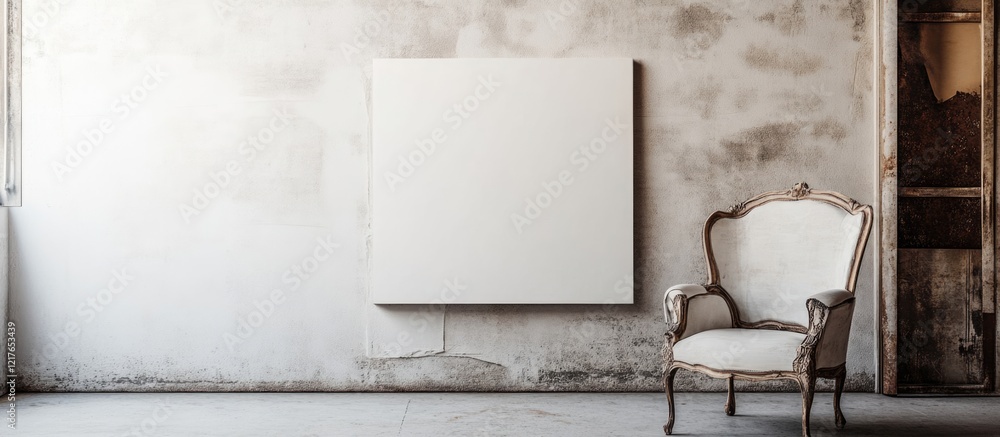 Poster Minimalistic Neutral Room Featuring Blank Canvas and Elegant Armchair with Ample Copyspace for Text and Creative Ideas