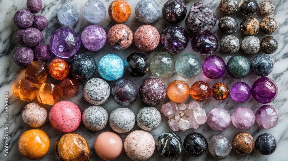 Poster assorted colorful gemstones and glass spheres arranged on a marble surface creating a vibrant and te