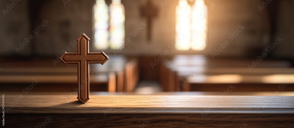 Poster Blurred Christian cross pendant on a wooden chapel altar with soft focus and ample empty space for text or messages