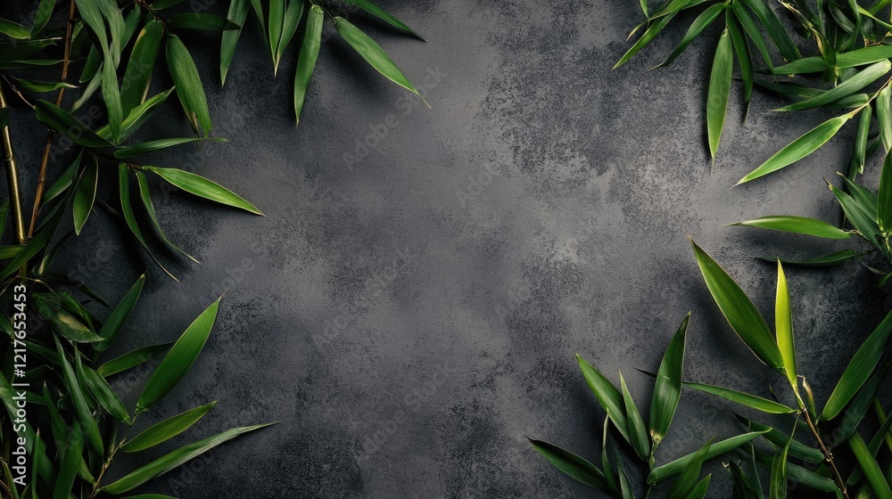 Poster lush green bamboo leaves framing a textured dark gray background with ample copy space for text or d