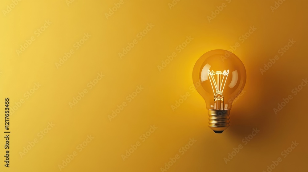 Poster creative inspiration concept featuring illuminated light bulb against yellow background with space f