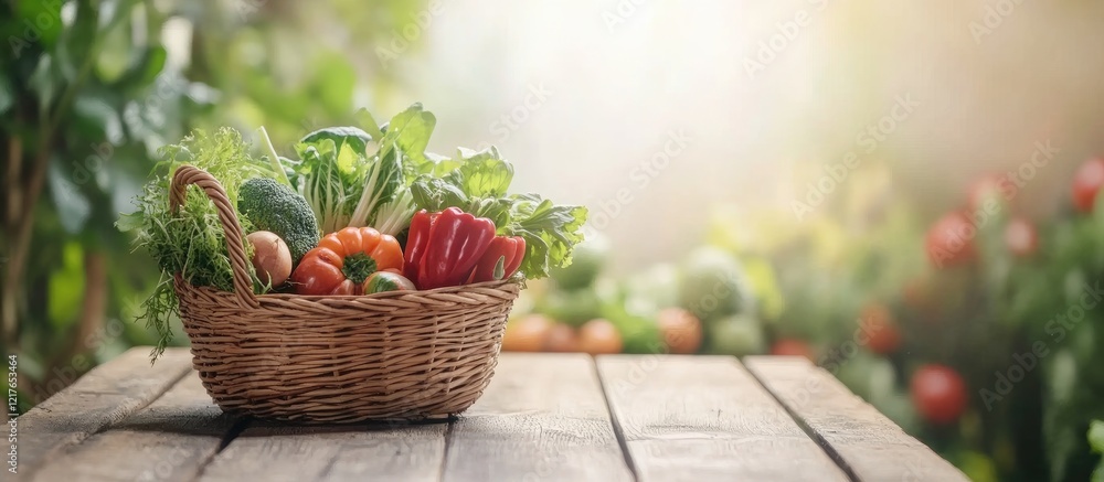 Poster basket filled with freshly harvested vegetables on a rustic outdoor table with soft sunlight and emp