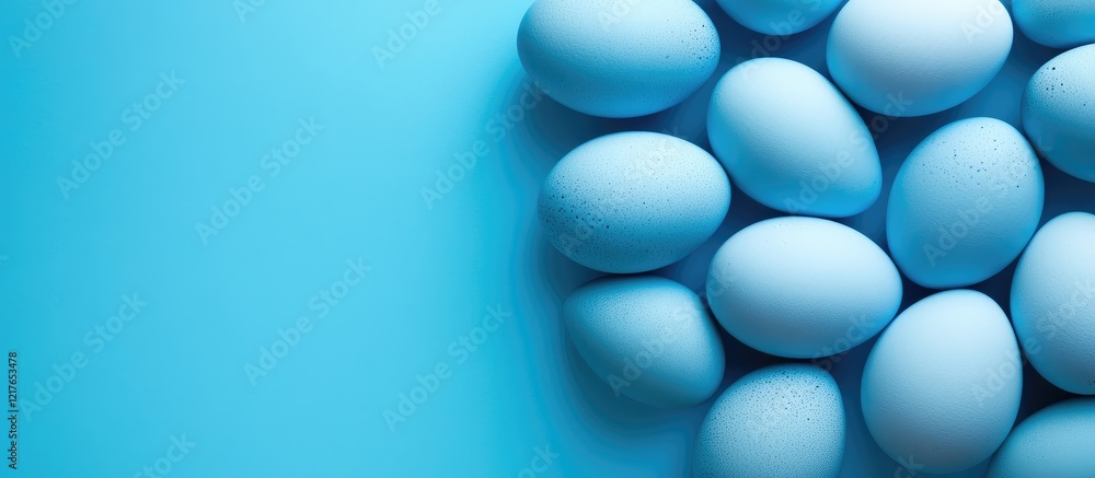 Poster lush blue eggs arranged on a vibrant blue backdrop with ample space for text and creative design acc