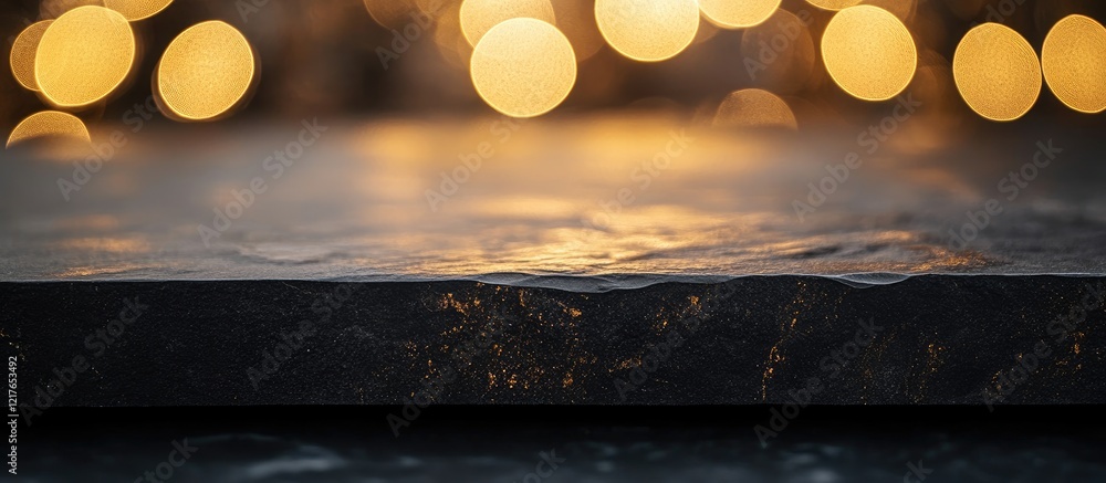Poster elegant black stone tabletop with shimmering golden bokeh background ideal for text overlay or produ