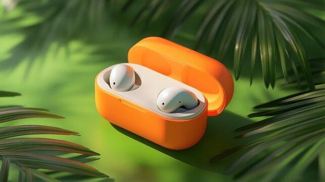 Wireless earbuds case mockup with logo design space against lush natural backdrop