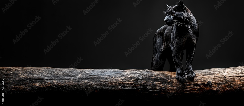 Aufkleber black puma perched on log in a zoo setting with dark background and ample copyspace for text or bran
