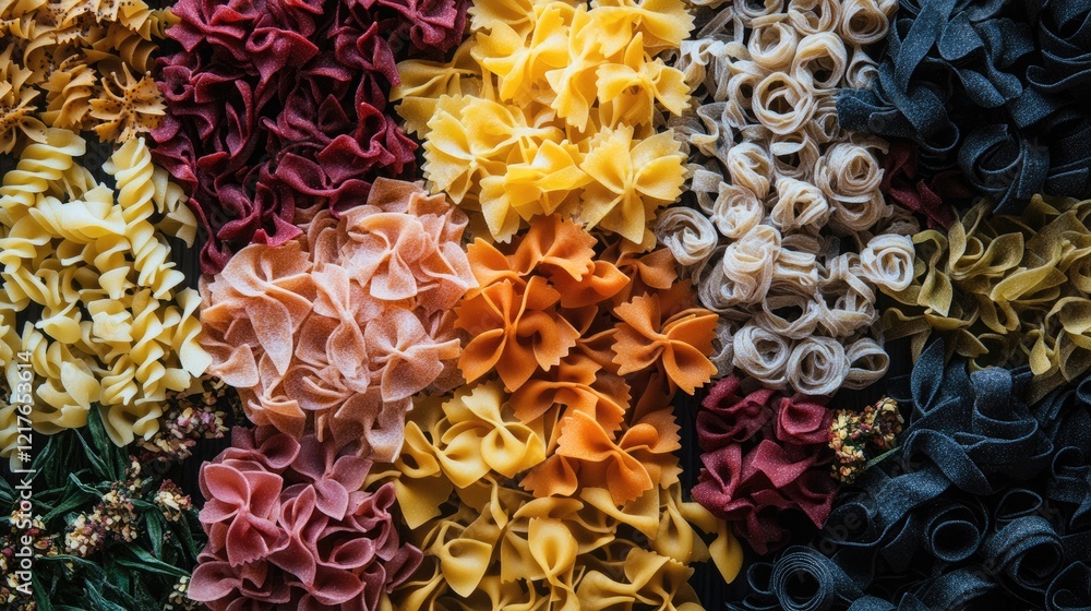Poster assorted colorful pasta varieties displayed in an artistic flat lay arrangement showcasing texture a