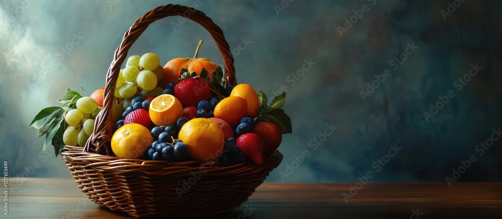 Poster basket of fresh assorted fruits with abundant colorful selection and empty space for text on a rusti