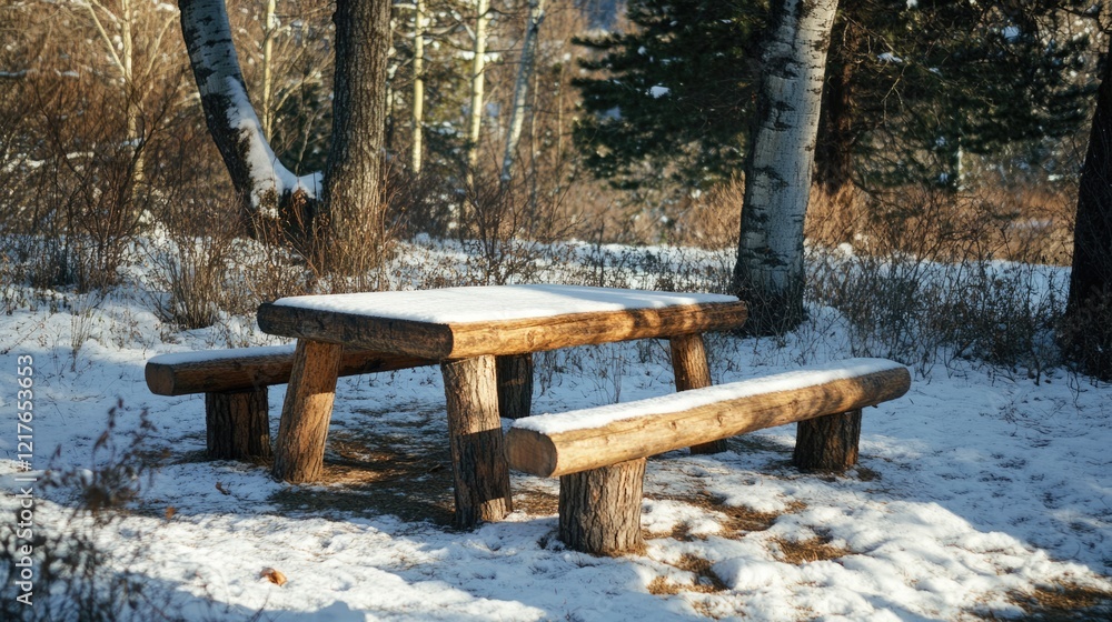 Poster wooden picnic table covered with snow in a winter forest setting surrounded by trees and grass with 