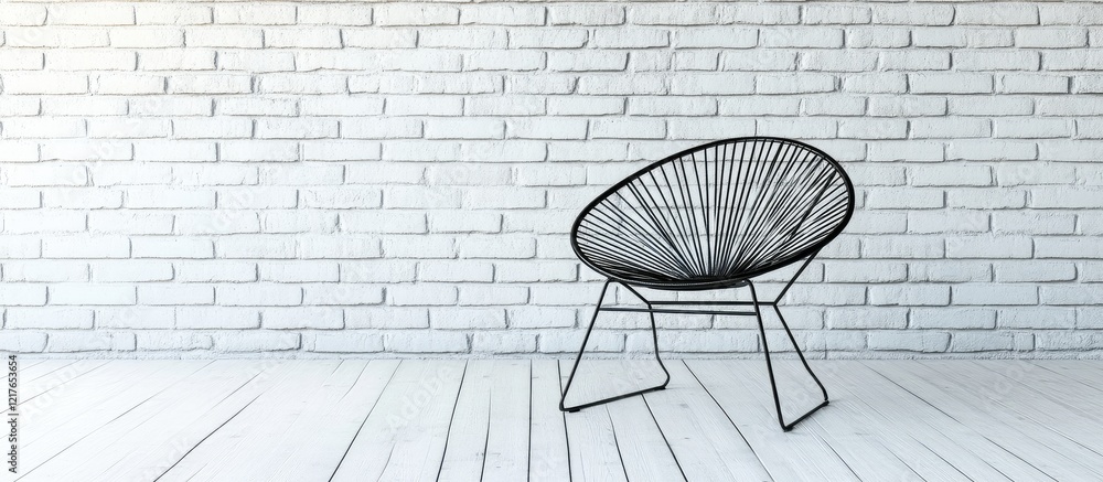 Poster black wire chair in minimalist setting with white brick wall and empty copyspace for text ideal for 