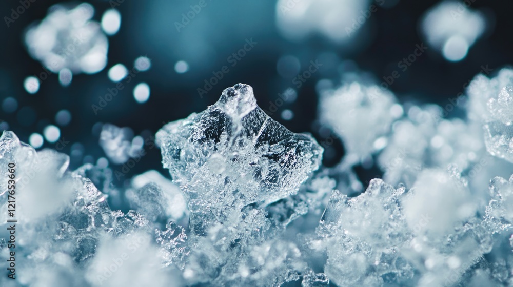 Poster close-up of crystalline ice texture with blurred background and sparkling droplets, copy space avail