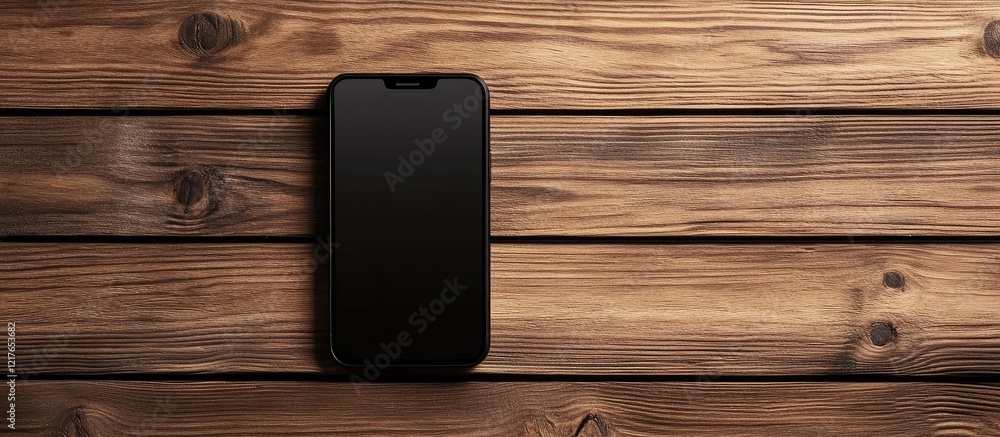 Aufkleber Black Wireless Smartphone Charging on Rustic Wooden Surface with Ample Copyspace for Text Display and Modern Technology Concept