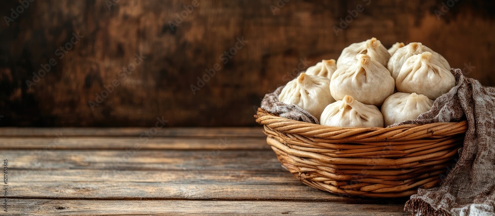 Poster basket of fresh homemade pampuchi on rustic wooden table with empty space for text or branding