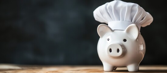 Piggy bank wearing a chef hat on a wooden surface against a dark background with Copy Space for text