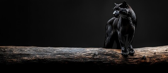 Black puma perched on log in a zoo setting with dark background and ample copyspace for text or branding purposes