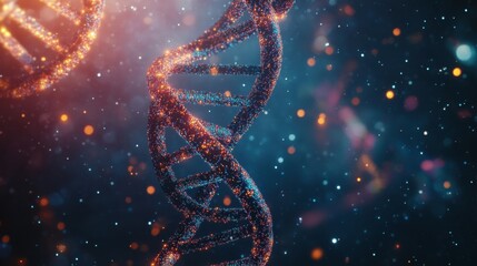 A detailed view of a DNA double helix with colorful, glowing strands against a dark, cosmic background