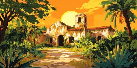 Naklejka premium Old Stone Building Sunset Tropical Landscape